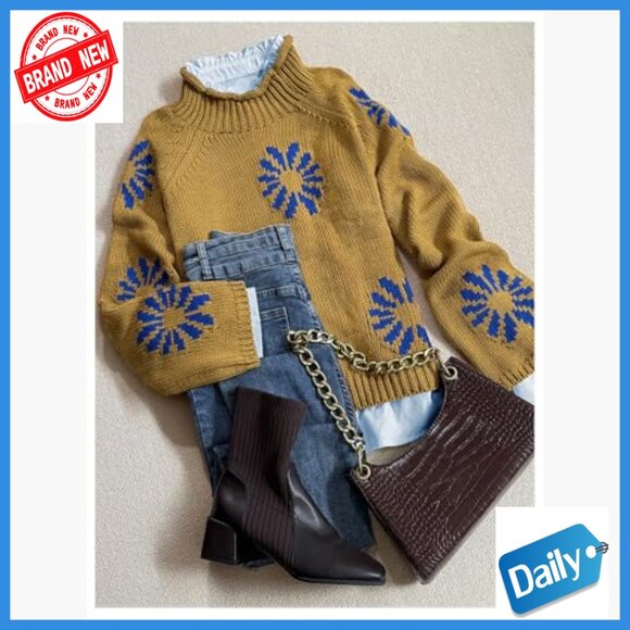 Floral Mock Neck Sweater Long Sleeve Knit Pullover Vintage Tops - Picture 5 of 5